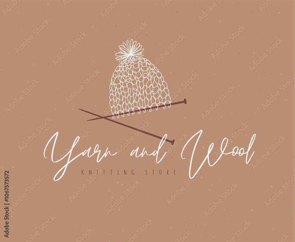 Knitted hat label with inscription yarn and wool drawing on beige background