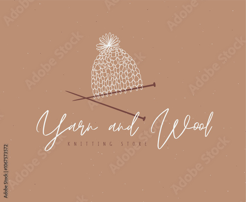 Knitted hat label with inscription yarn and wool drawing on beige background