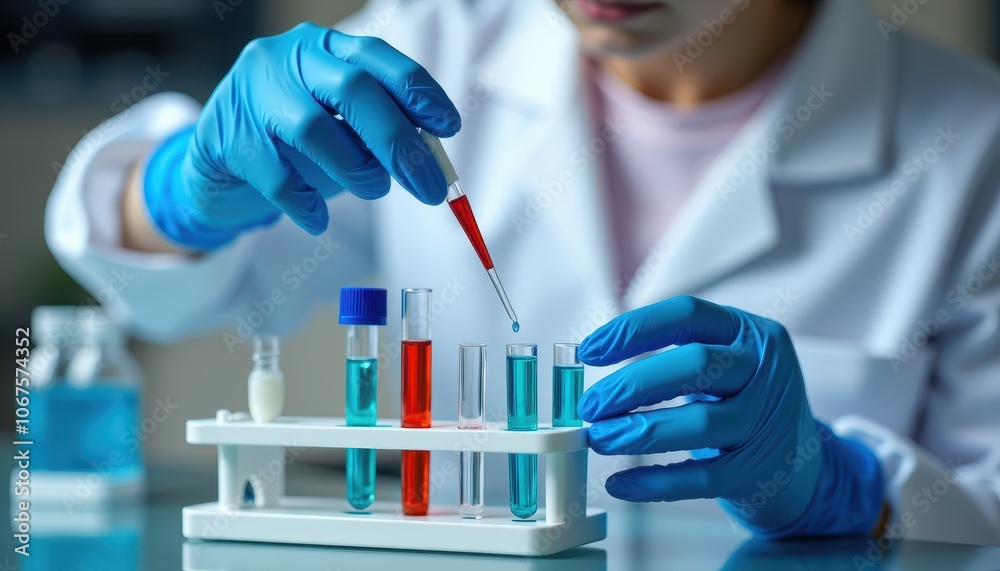 Scientist conducting laboratory experiment with test tubes and pipette