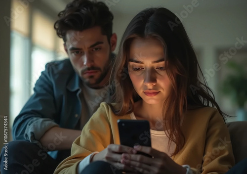 A man intently watches over a woman’s shoulder as she uses her phone. Jealousy, control, and possessiveness in a toxic relationship photo