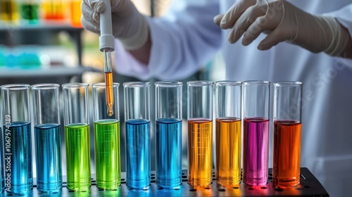 Scientist conducting chemistry experiment with colorful solutions in test tubes photo