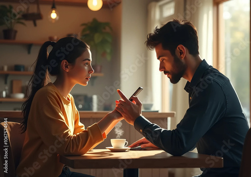 Intense Conversation Couple at a Coffee Table. Jealousy and Control in a Relationship photo