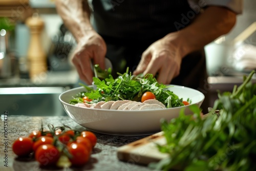 Chef preparing fresh arugula and tomato salad in kitchen