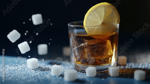 Sugar cubes falling into glass of iced tea with lemon slice, highlighting sugar content photo