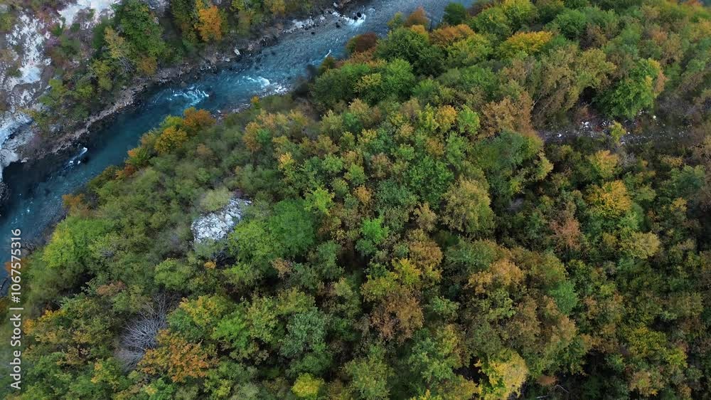 Beautiful aerial drone view of the Tara River on autumn evening. Autumn forest and cliff with rocks top view. A popular natural place in Montenegro Beautiful aerial drone view of the Tara River on autumn evening. Autumn forest and cliff with rocks top view. A popular natural place in Montenegro