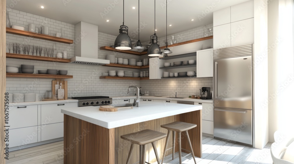Modern Kitchen with White Cabinets, Wooden Island, and Stainless Steel Appliances Modern Kitchen with White Cabinets, Wooden Island, and Stainless Steel Appliances