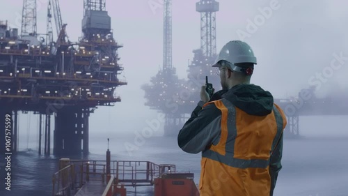 Oil Rig Worker At Dawn Supervising Platform Maritime Industrial Offshore Safety Control