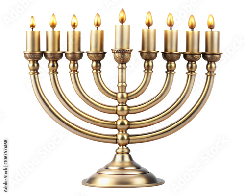 Golden menorah with lit candles, isolated on transparent or white background. photo