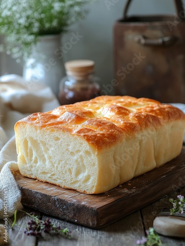 A freshly baked loaf of bread, golden brown and crusty, sits on a rustic wooden board. The bread is sliced open, revealing a soft, airy crumb. This image evokes a sense of homey comfort and deliciousn photo