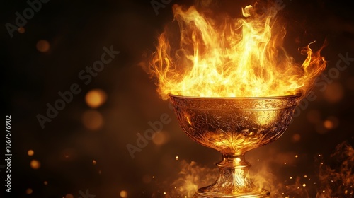 A golden chalice filled with flames, symbolizing power, passion, sacrifice, hope, and destiny. The flames rise high, illuminating the darkness with their intense light.