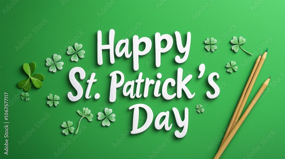 Happy St. Patrick's Day greeting on a green background with shamrocks and pencils. Happy St. Patrick's Day greeting on a green background with shamrocks and pencils.