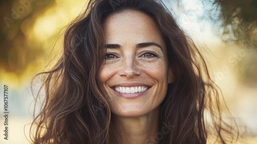 A beautiful woman with long brown hair smiles warmly at the camera, capturing the essence of joy, nature, beauty, confidence, and well-being.