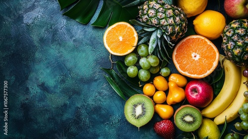 Fototapeta Naklejka Na Ścianę i Meble -  Tropical fruits and leaves arranged on textured green background
