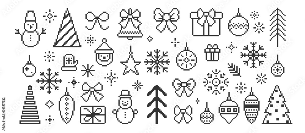 Fototapeta premium Set of xmas icons of christmas tree, present, snowman, bow, snowflake, jingle bell. Pixel art vector illustration.