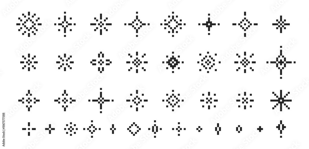 Set of pixel star, sparkle, glitter with magic effect. Pixel art vector illustration. Set of pixel star, sparkle, glitter with magic effect. Pixel art vector illustration.