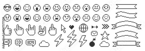 Set of pixel elements of retro interface. Emoji, like, globe, lightning, hand isolated on a white background. Vector illustration.