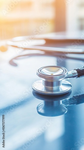 Stethoscope on glass table in sunlit medical office