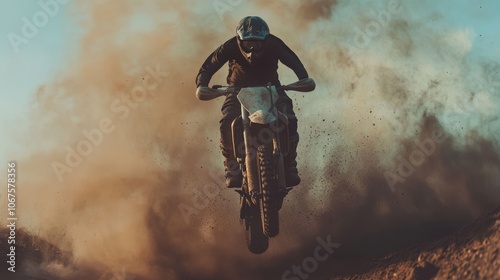 A motocross rider performs a daring jump on a dirt bike, kicking up a cloud of dust. This exhilarating image captures the thrill and excitement of off-road racing.