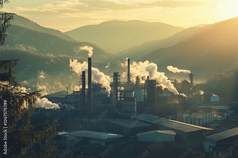 Naklejka premium Industrial plant releasing smoke and steam at sunset in mountain valley