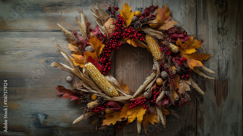 Rustic Corn Husk and Berry Wreath for Fall Decor, symbolizing harvest, autumn, Thanksgiving, nature, and tradition.