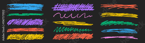 Set of chalk underline lines and texture emphasis. Multicolor crayon scribbles on a black background. Handwriting vector illustration.