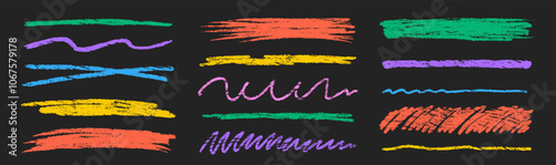 Set of chalk highlight and texture emphasis. Multicolor crayon scribbles and cross on a black background. Grunge vector illustration.