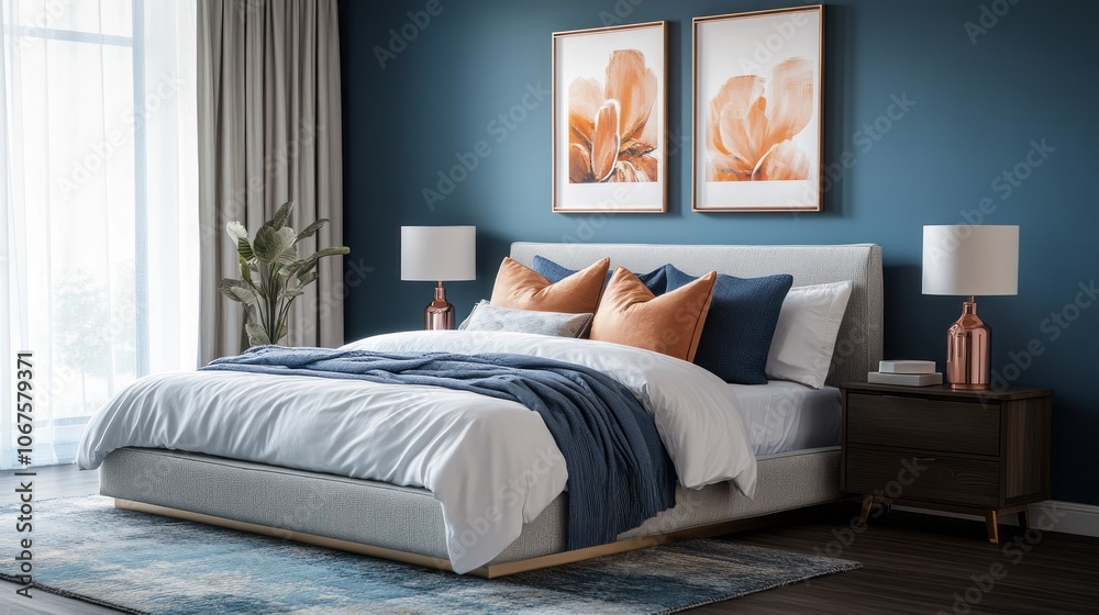 Modern Bedroom with Gray Bed, Blue Blanket, and Abstract Floral Artwork Modern Bedroom with Gray Bed, Blue Blanket, and Abstract Floral Artwork