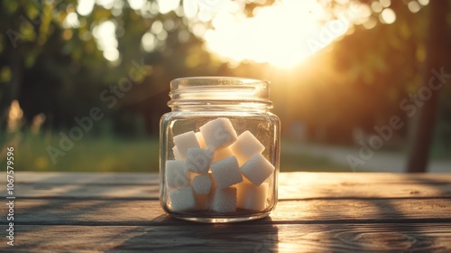 Glass jar filled with refined sugar cubes sits on a rustic wooden table at sunset, symbolizing the choice between a sugar filled diet and a healthier, sugar free lifestyle photo