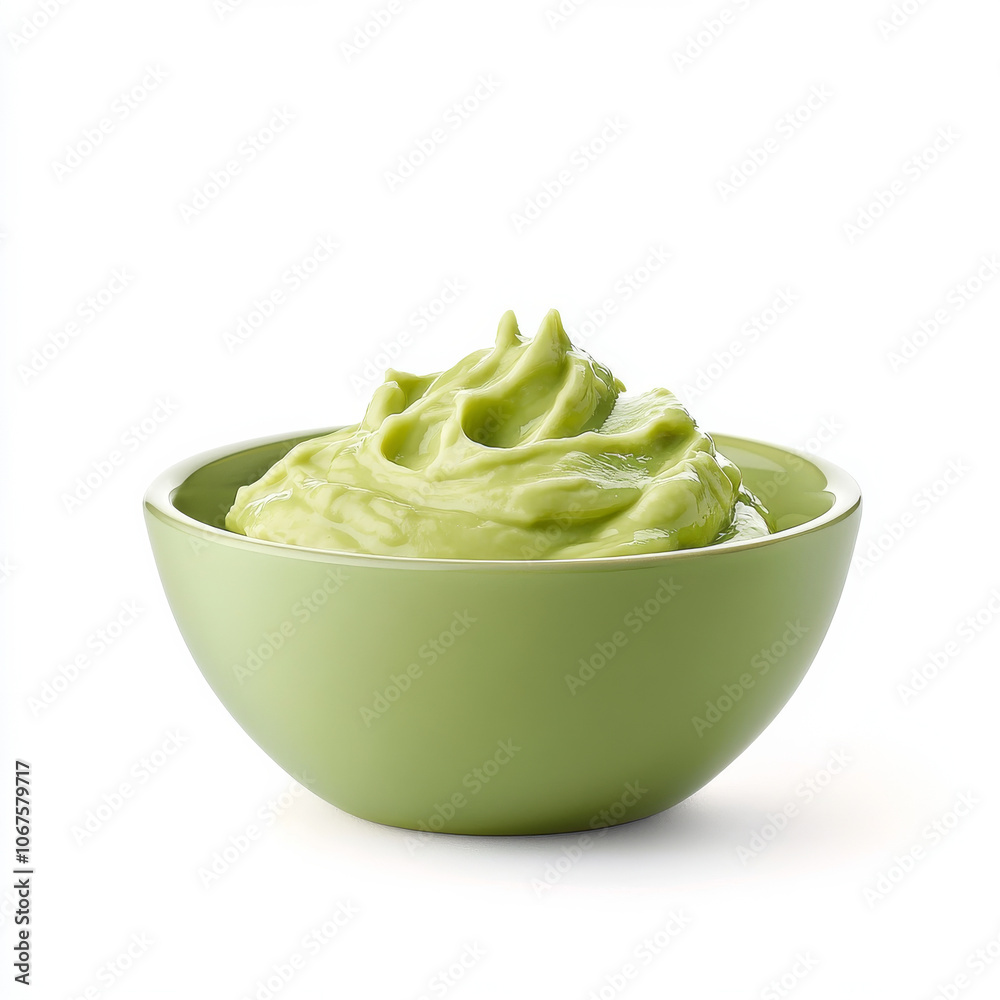 A bowl of creamy guacamole with lime, isolated on a white background, showcasing a zesty and popular dip A bowl of creamy guacamole with lime, isolated on a white background, showcasing a zesty and popular dip