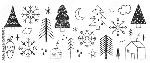 Set of elements for Christmas illustration with crayon, chalk or pastel texture. Kids vector illustration.