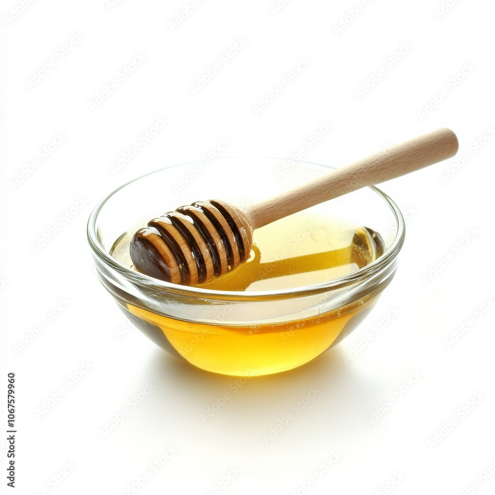 A small glass bowl of honey with a wooden dipper, isolated on a white background, emphasizing a sweet natural ingredient A small glass bowl of honey with a wooden dipper, isolated on a white background, emphasizing a sweet natural ingredient