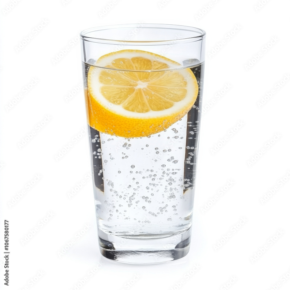 A glass of sparkling water with lemon, isolated on a white background, showcasing a refreshing beverage A glass of sparkling water with lemon, isolated on a white background, showcasing a refreshing beverage