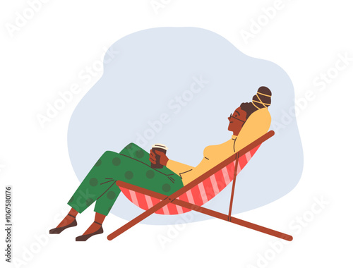 Vector illustration a comfortable armchair in which a young woman is relaxing with a drink