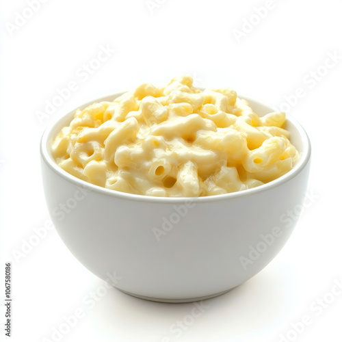 A bowl of creamy macaroni and cheese, isolated on a white background, highlighting a comforting side dish