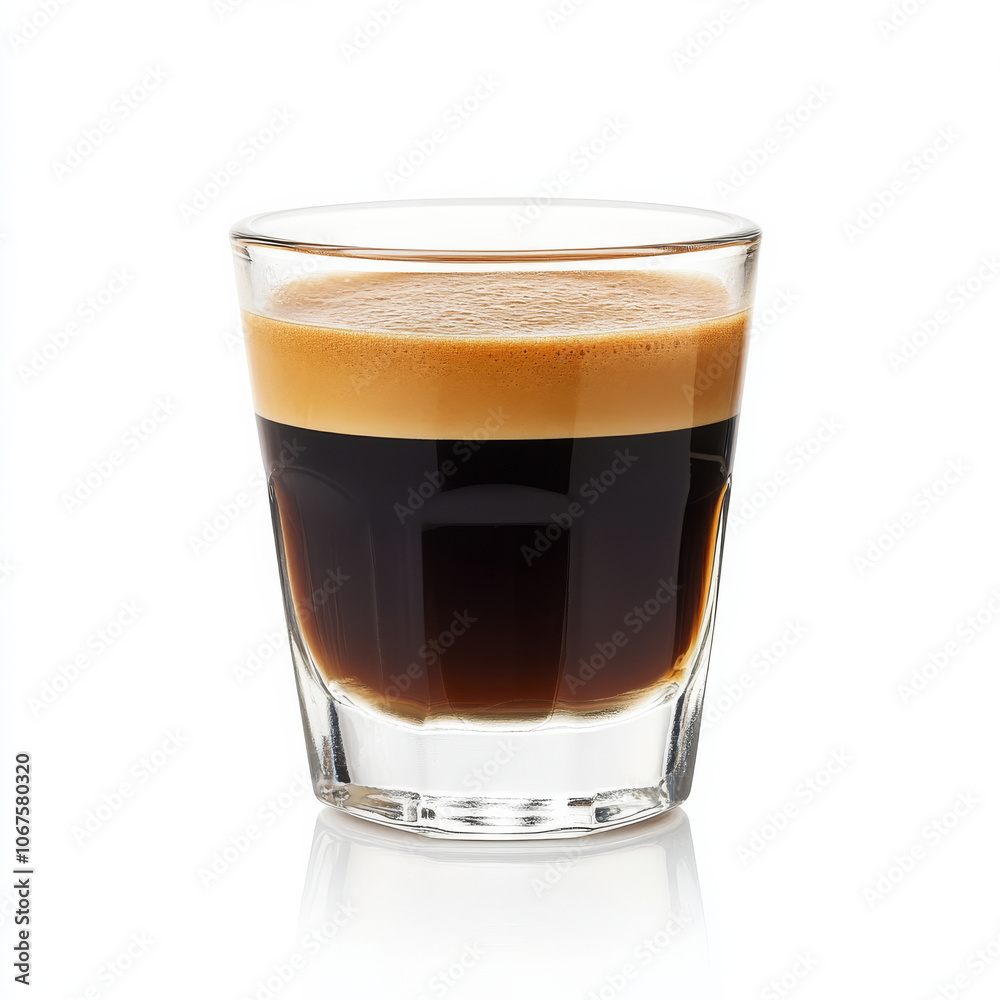 A cup of espresso with crema on top, isolated on a white background, showcasing a rich coffee option A cup of espresso with crema on top, isolated on a white background, showcasing a rich coffee option