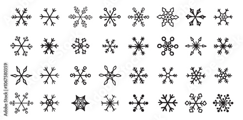 Different hand draw snowflake icons set. Doodle drawing winter cute snowflakes.