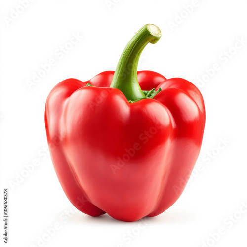 A fresh red bell pepper with stem, isolated on a white background, showcasing its crisp and sweet flavor