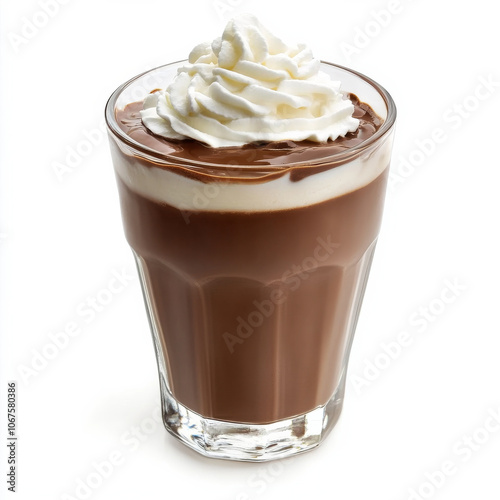 A glass of chocolate milk with whipped cream, isolated on a white background, showcasing a sweet beverage