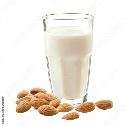 A glass of almond milk, isolated on a white background, highlighting a dairy-free drink option