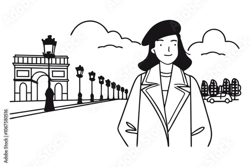 French woman wearing beret and coat in the Paris city. Triumphal arch on the background. Line art illustration