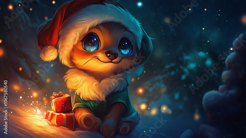 Adorable Baby Dog in Christmas Costume with Sparkling Eyes