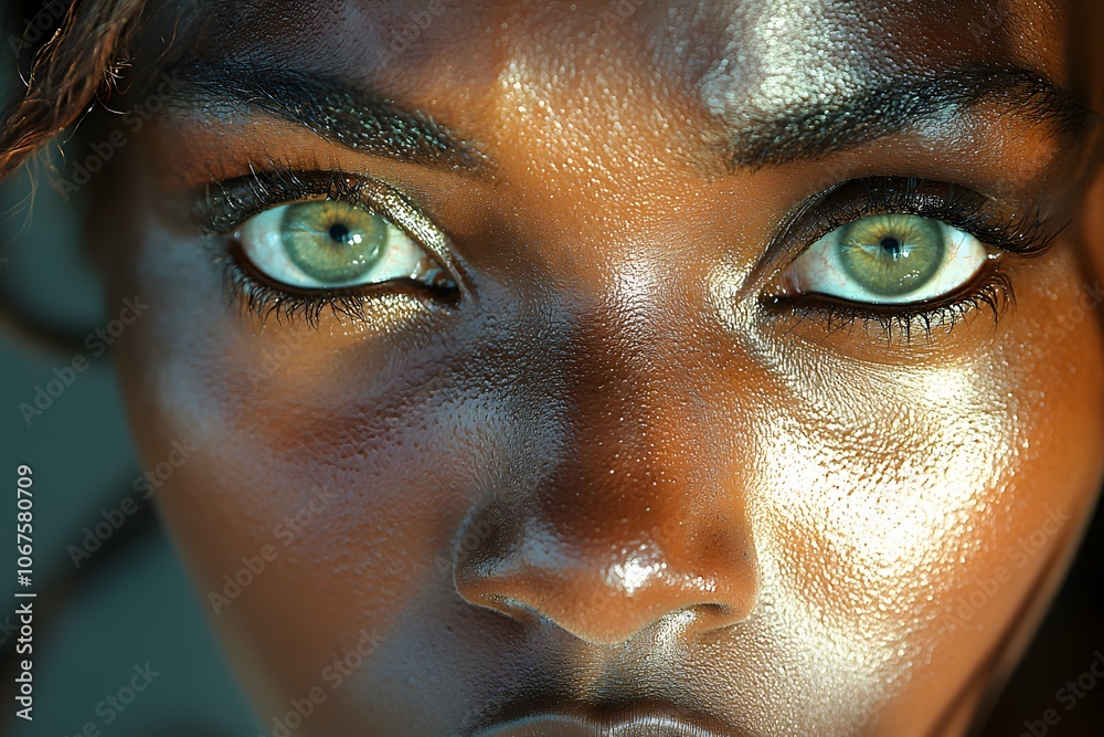 Intense gaze of woman with shimmering skin and vivid green eyes in close-up portrait