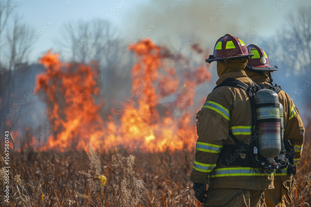 Naklejka premium Firefighters observing a controlled burn operation in a field