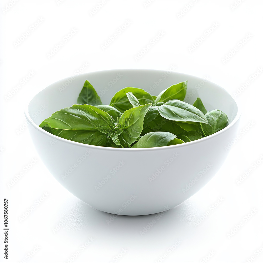 A bowl of fresh basil leaves, isolated on a white background, emphasizing an aromatic herb