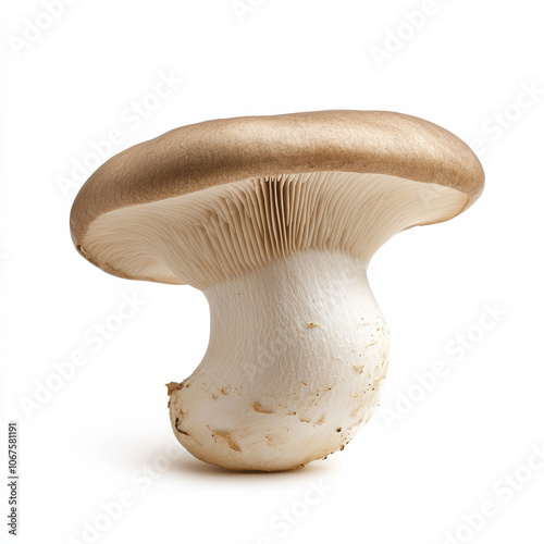 A single oyster mushroom, isolated on a white background, showcasing a unique mushroom variety