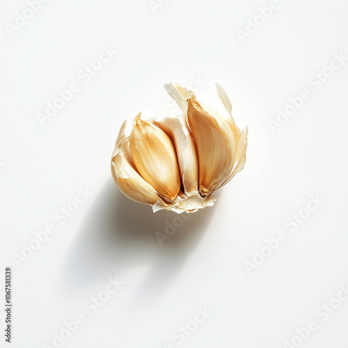 A fresh clove of garlic with skin, isolated on a white background, highlighting a pungent culinary ingredient photo