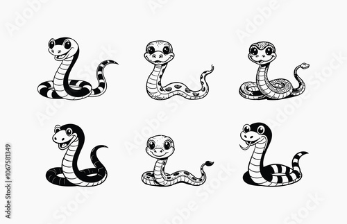 Set of Cute funny snake vector cartoon. Cartoon cute green snake on white background. Vector illustration