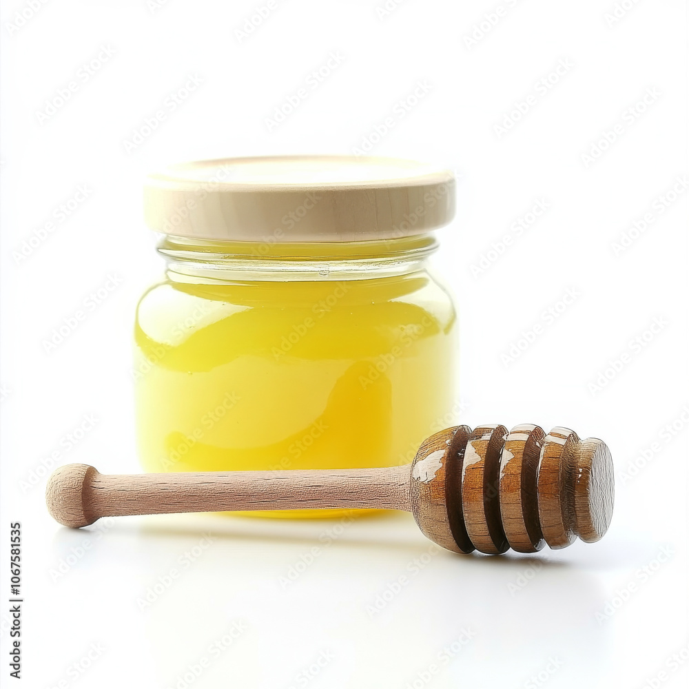A small jar of honey with a wooden honey dipper, isolated on a white background, highlighting a natural sweetener