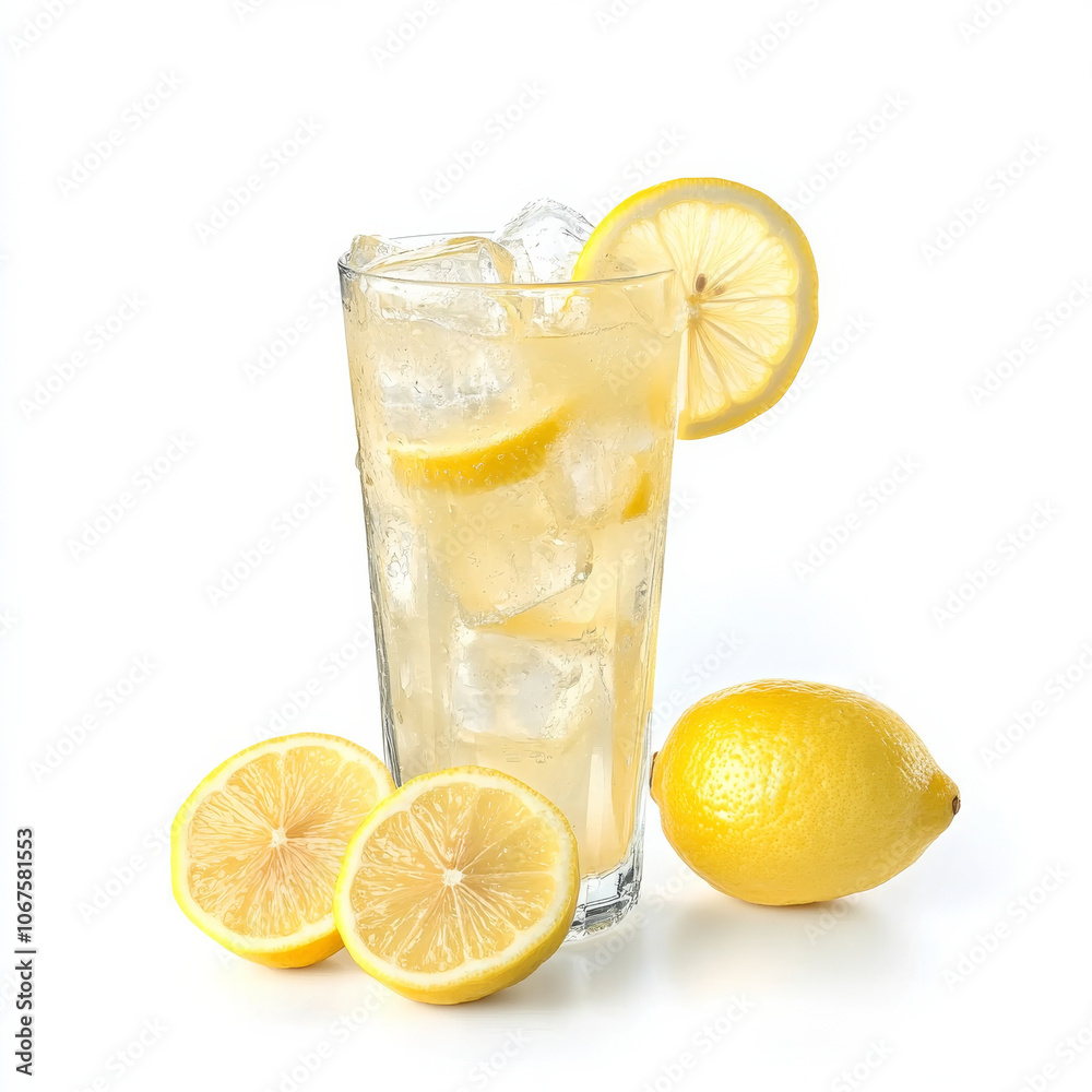 A glass of iced lemonade with lemon slices, isolated on a white background, highlighting a refreshing drink