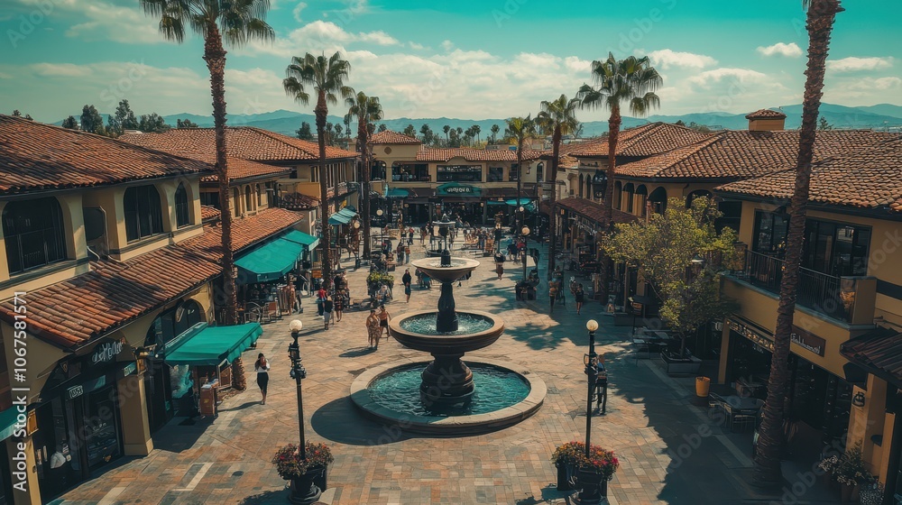 Fototapeta premium Outdoor shopping center with palm trees, shops, and a sunny ambiance, creating a warm, inviting retail environment for visitors.